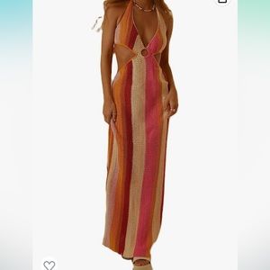 Knit crochet summer beach cut out maxi halter dress